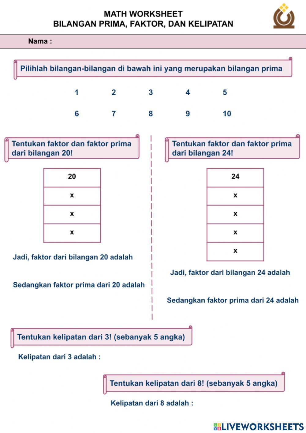 Bilangan Prima Free Interactive Worksheets 863299