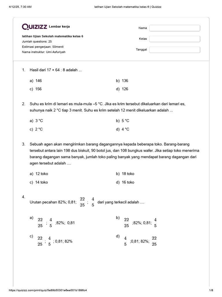 latihan Ujian Sekolah matematika kelas 6 Quizizz PDF