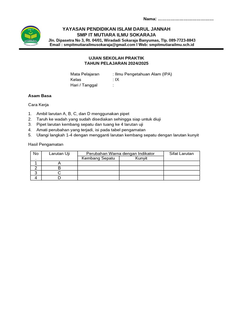 Ujian Praktik IPA Kelas IX 2024 2025 PDF Ujian Praktik IPA Kelas IX 2024 2025 PDF