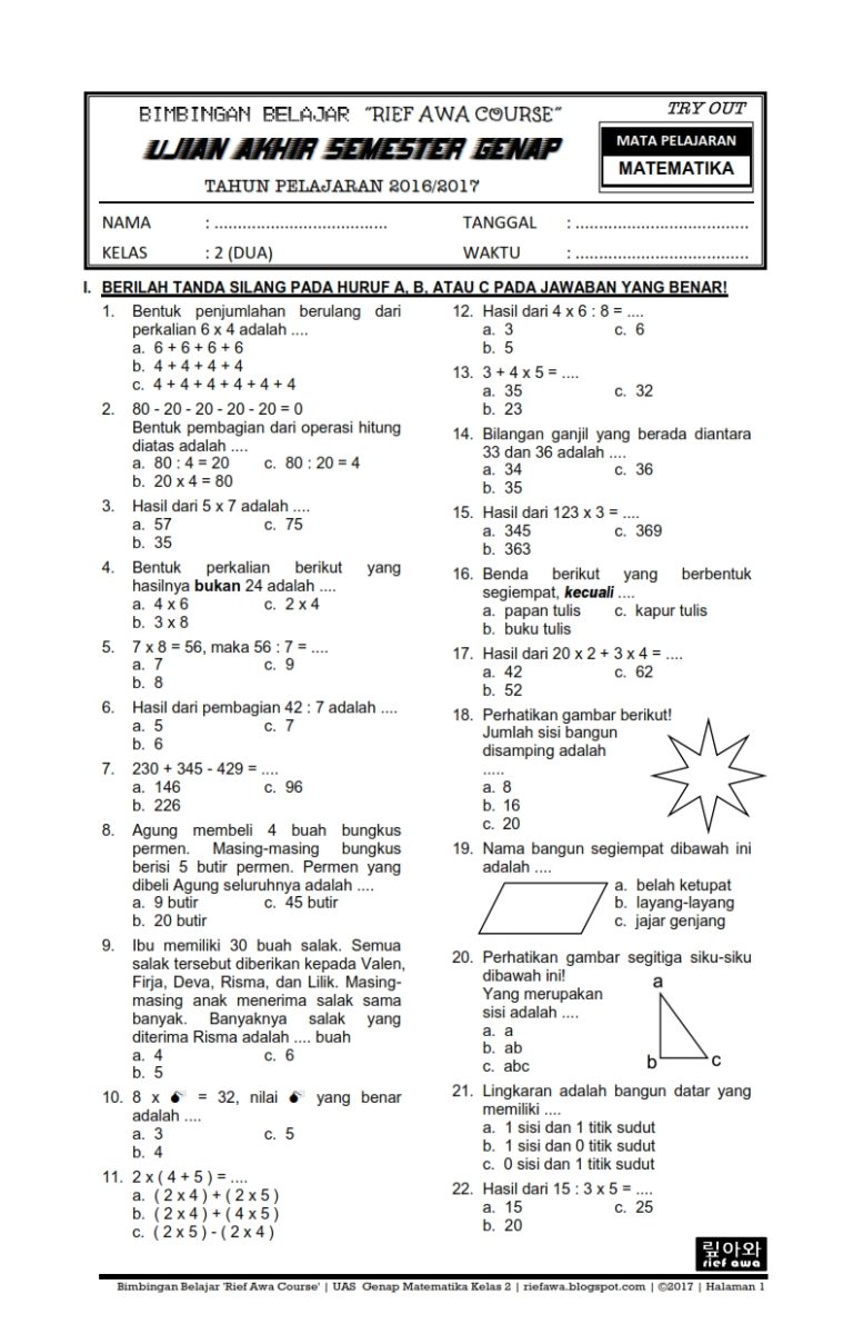 soal uas matematika kelas 4 semester 2 soal uas matematika kelas 4 semester 2
