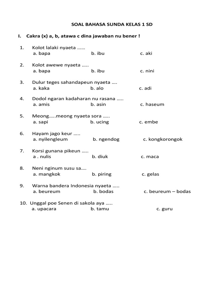 5 Soal Bahasa Sunda Kelas 1 SD Semester 1 yang Sering Keluar di Ujian 2026