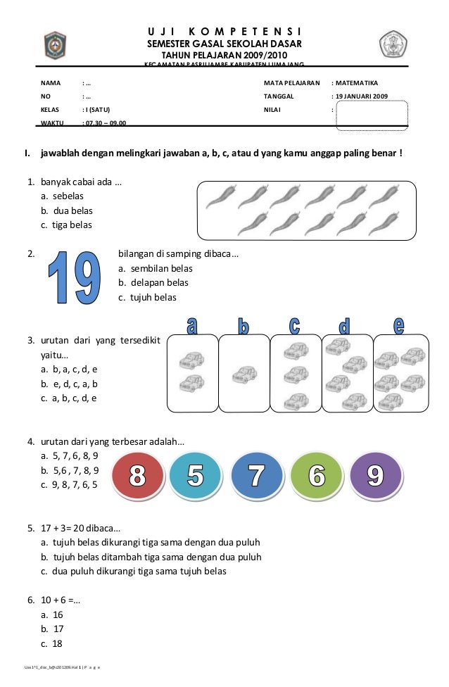 Soal Matematika Kelas 1 Semester 1 - Perumperindo co id
