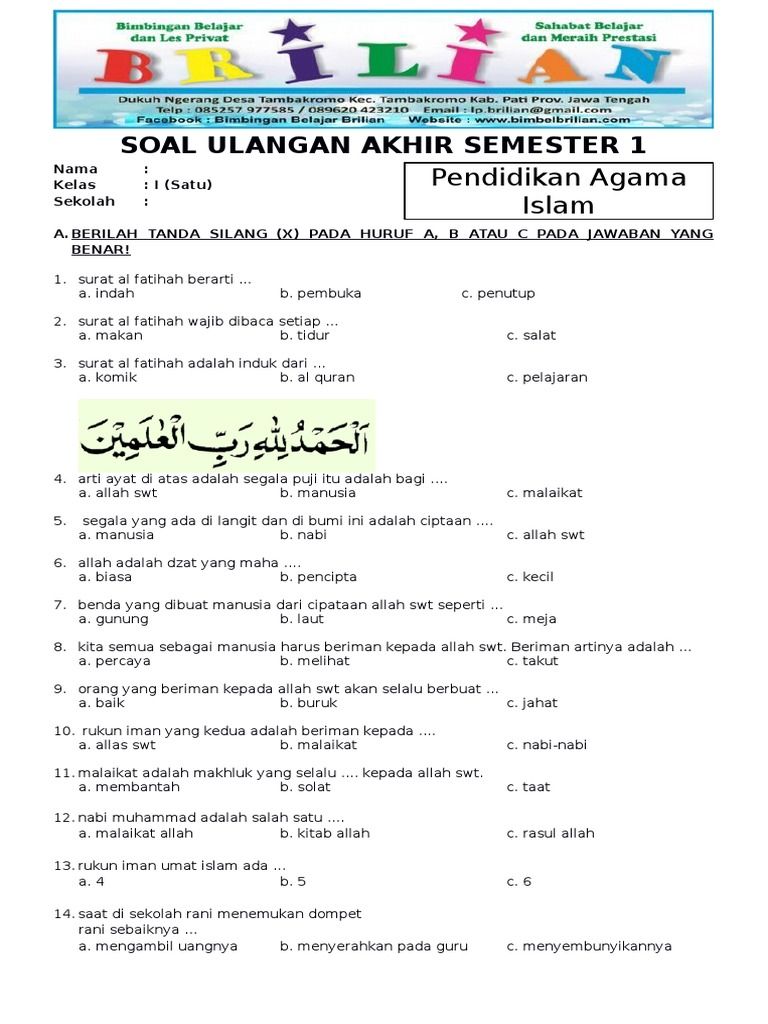 Akhirnya! 30 Soal Agama Islam Kelas 4 SD Semester 1 dan Jawabannya Siap Cetak