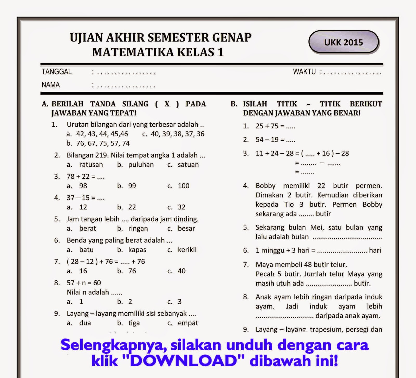 Menjelajahi Dunia Belajar Contoh Soal Ujian Kelas 1 SD Semester 2 Menjelajahi Dunia Belajar Contoh Soal Ujian Kelas 1 SD Semester 2