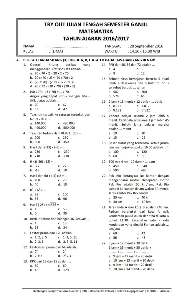 Ternyata 7 Contoh Soal UTS Kelas 5 SD Semester 1 Kurikulum 2013 Sering Keluar di Ujian