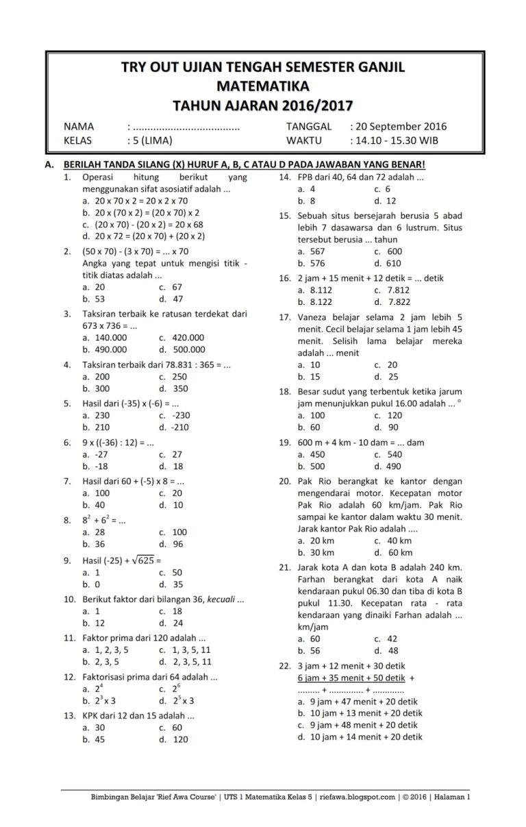 Ternyata 7 Contoh Soal UTS Kelas 5 SD Semester 1 Kurikulum 2013 Sering Keluar di Ujian
