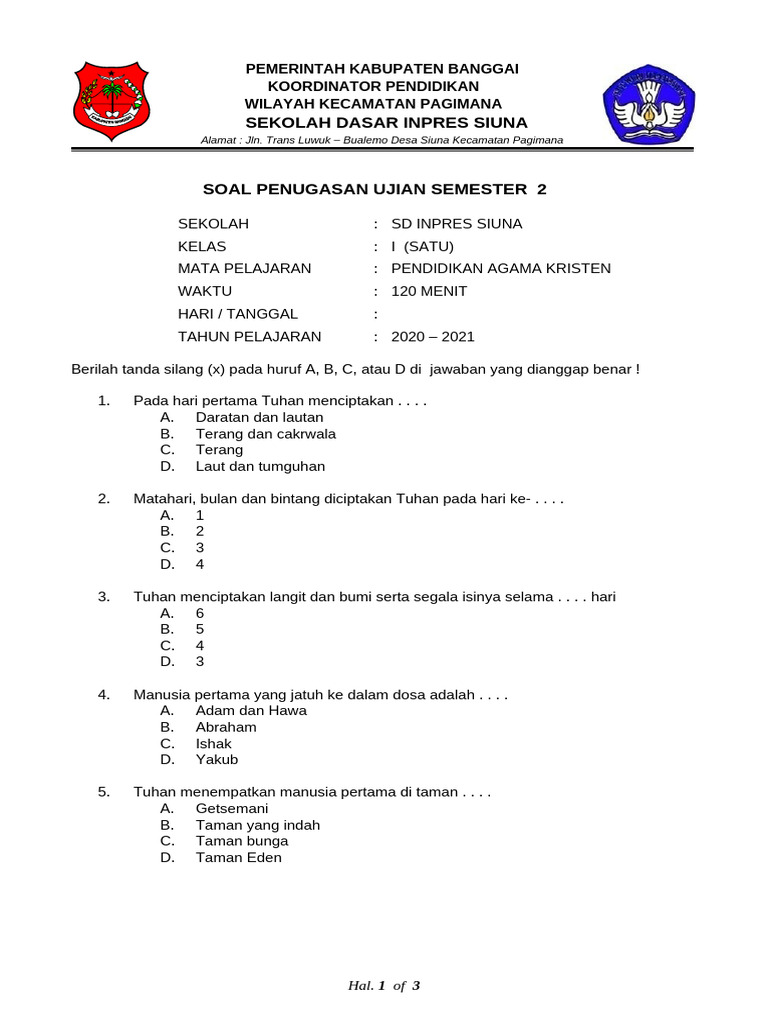 Lembar Soal Ujian Semester 2 Kelas 1 Pendidikan Agama Kristen PDF Lembar Soal Ujian Semester 2 Kelas 1 Pendidikan Agama Kristen PDF