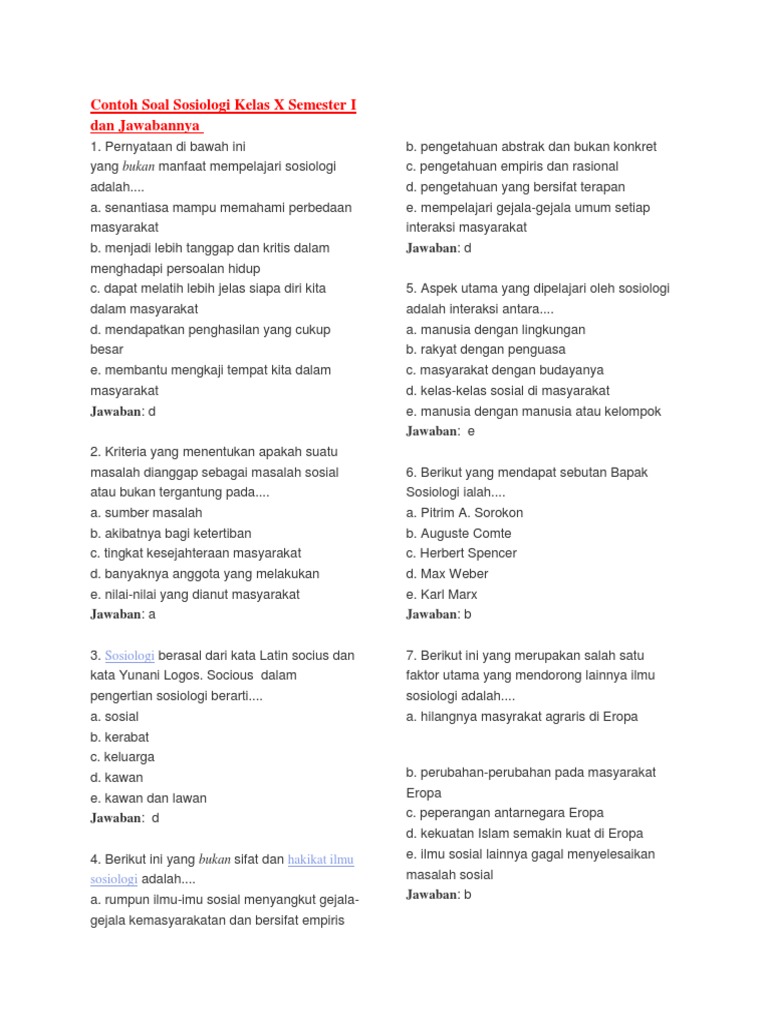 10 Contoh Soal Sosiologi Kelas 10 Semester 1 Kurikulum 2013 yang Sering Muncul 10 Contoh Soal Sosiologi Kelas 10 Semester 1 Kurikulum 2013 yang Sering Muncul