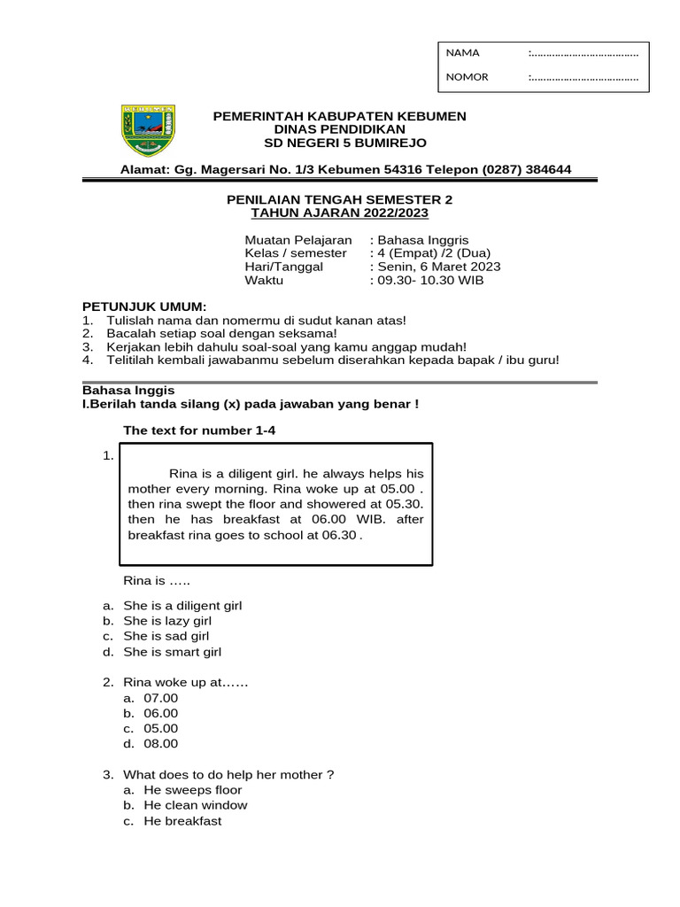 Soal Uts Kelas 4 Semester 2 PDF Soal Uts Kelas 4 Semester 2 PDF