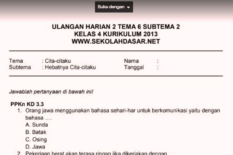 Soal Ulangan Harian K13 Kelas 4 Tema 6 Subtema 2 - Belajar SBMPTN
