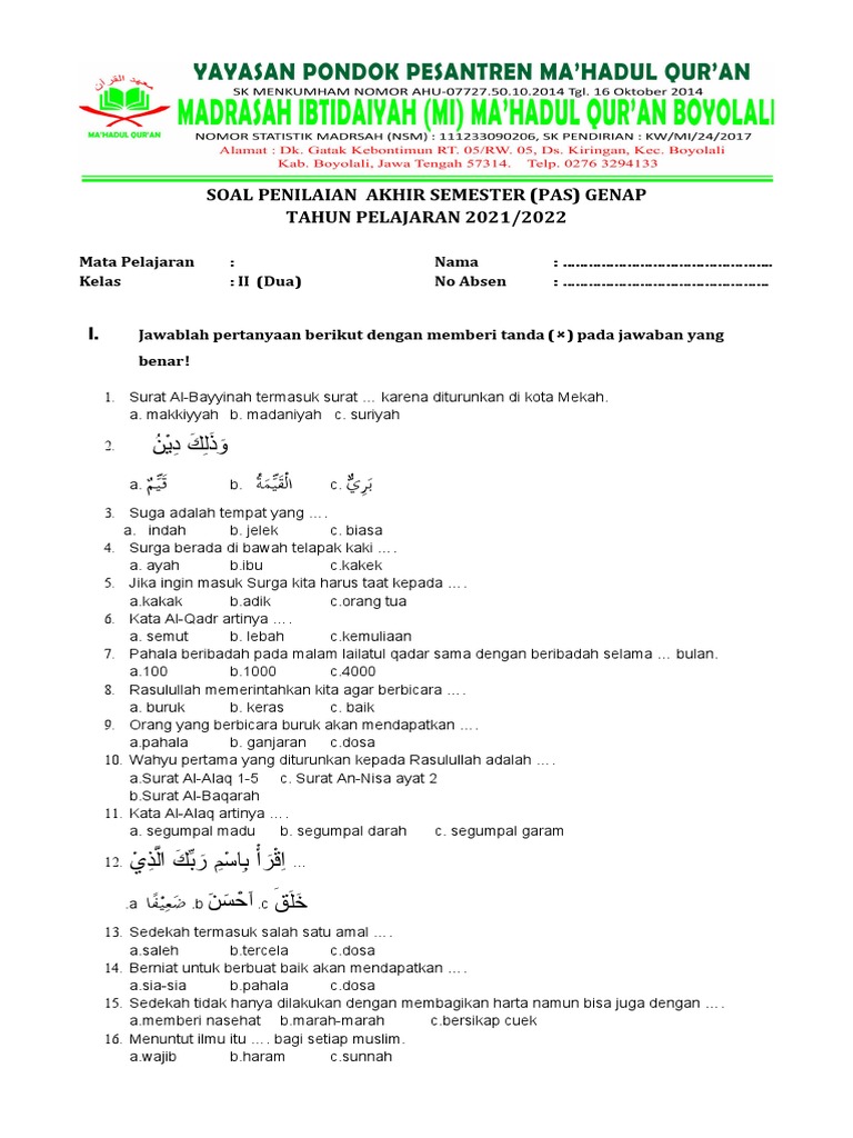 Terbukti 4 Contoh Soal Quran HAIST Kelas 2 Semester 2 Tingkat MTS yang Naik Nilai